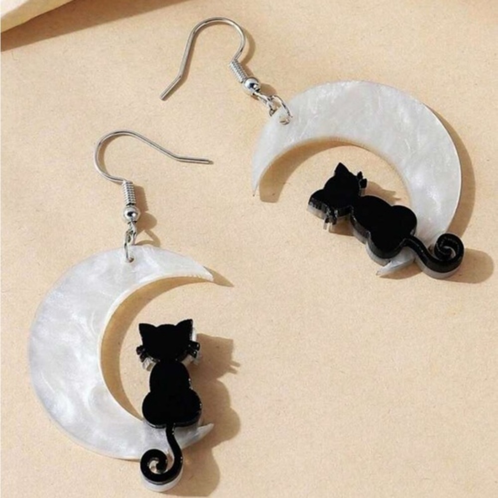 Black Cat Dangle Moon Earrings